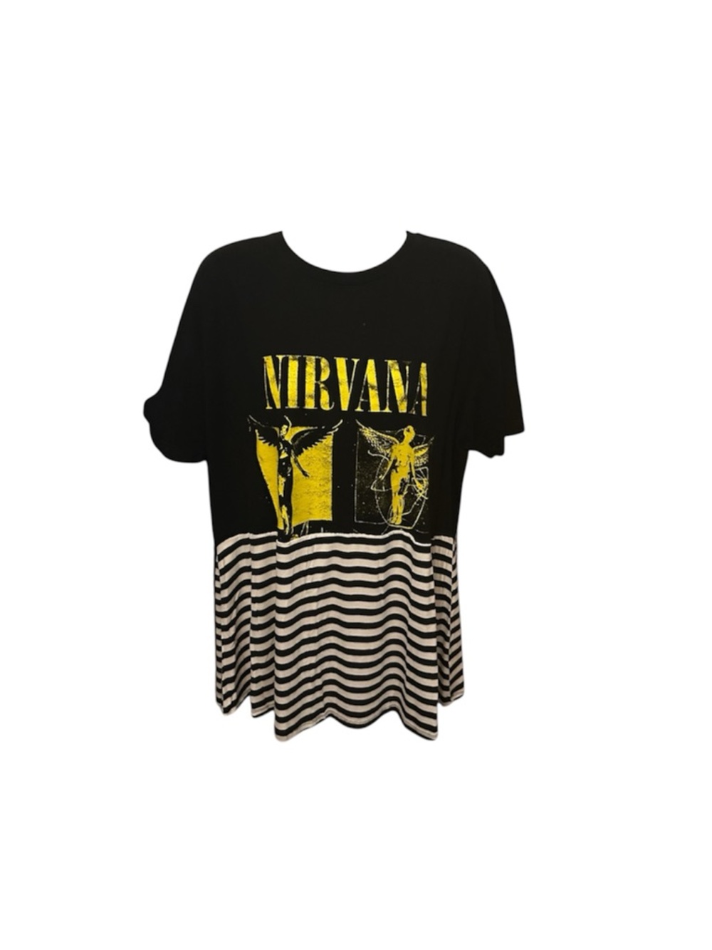 One of a kind Upcycled Nirvana Black & Yellow Graphic Tee with Striped Hem 22X27